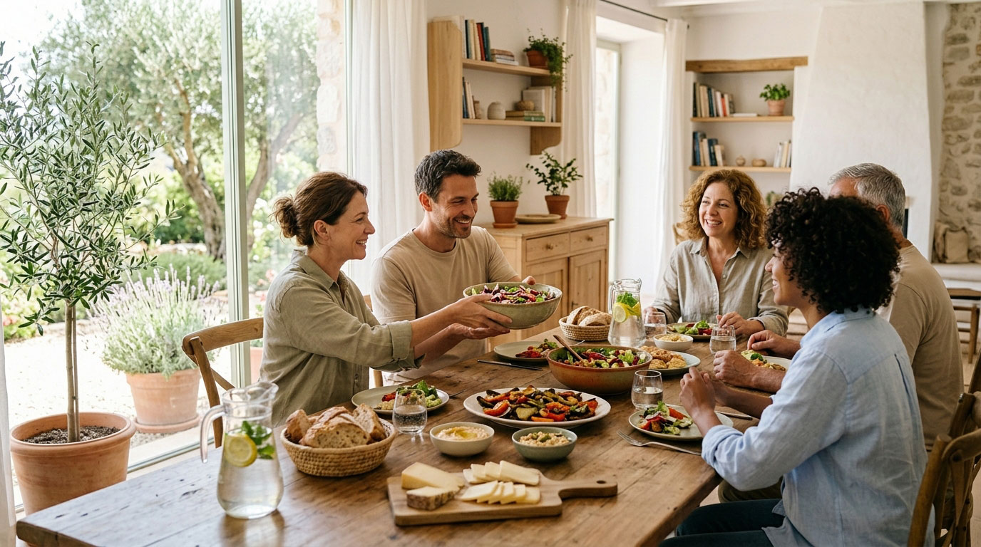 מרכז יום לגמילה וארוחה משותפת: קבוצה קטנה של מבוגרים משוחחת וצוחקת סביב שולחן עץ עם ארוחת צהריים טרייה ליד חלון לגינה